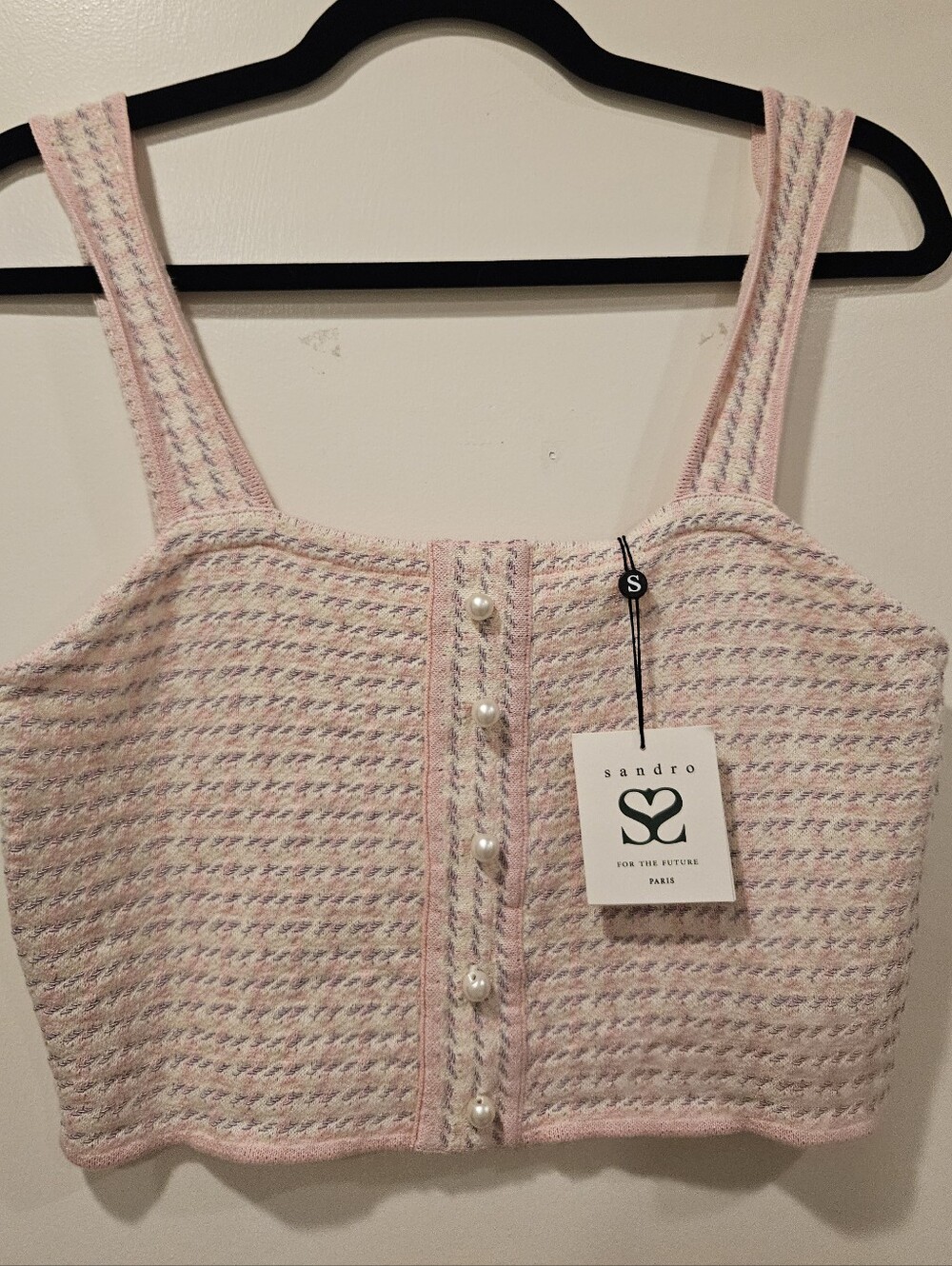SANDRO Daniella Tweed Cropped Top Rose Pink $220 Paris Size Small NWT - Picture 14 of 16